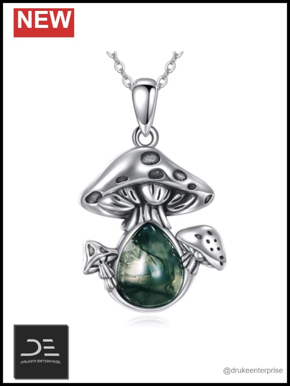 S925 Sterling Silver Mushroom Moss Agate Teardrop Pendant Necklace